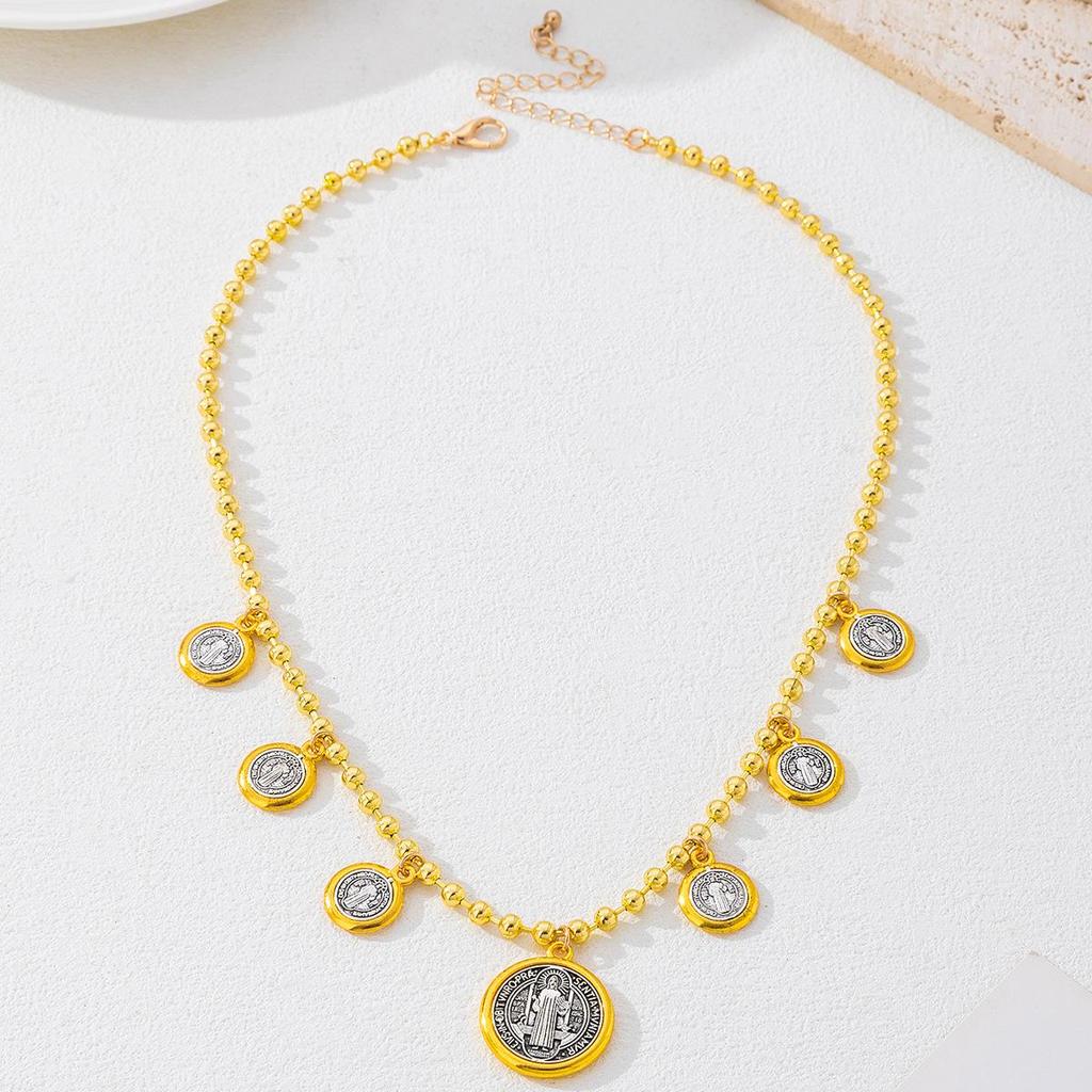 Vintage Religious Gold-Plated Pearl & Colorful Virgin Mary Pendant Necklace