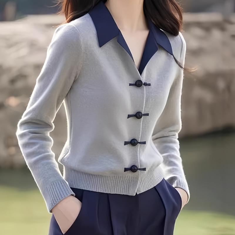 

Gray Lapel Sweater Knitted Cardigan Women s New Spring and Autumn Wear High-end Top S сірий
