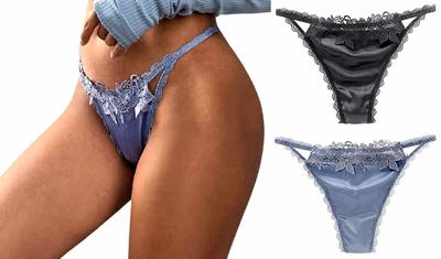 ZAZALAND Smooth Satin Panties Set Women's High-Leg T-Back (Blue/Black, M)