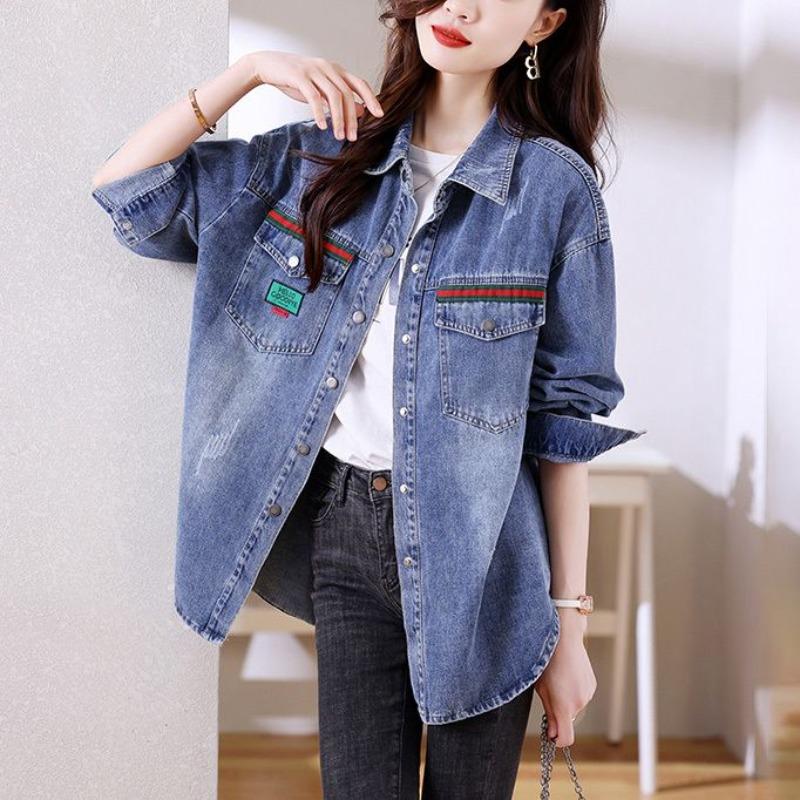 Casual Denim Shirt Women Spring Autumn Fashion Long Sleeve Vintage Loose Fit Mid Length Blouse Coat