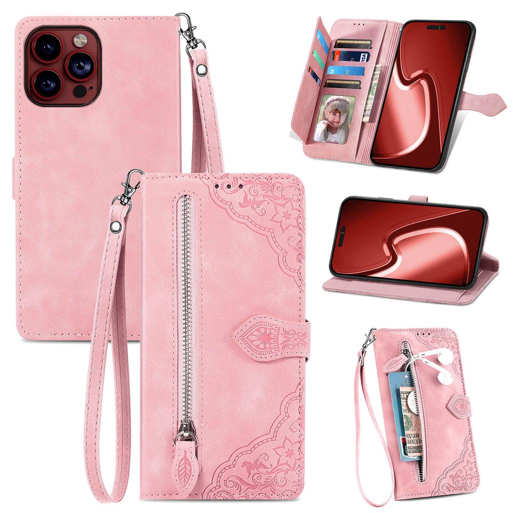 Embossing Flower Card Slots Flip Wallet Zipper Leather Case For iPhone 15 14 Plus 13 12 11 Pro Max for Samsung S24 S23 S22 S21 S20 Ultra Plus A15 A25