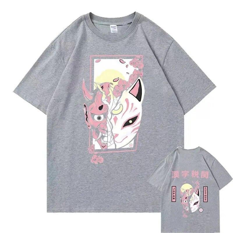 Hannya Mask T Shirts Futuristic Kitsune Mask Graphic T-shirt Japanese Anime Tees Kitsune Streetwear Fox Tshirt Unisex Manga Tops