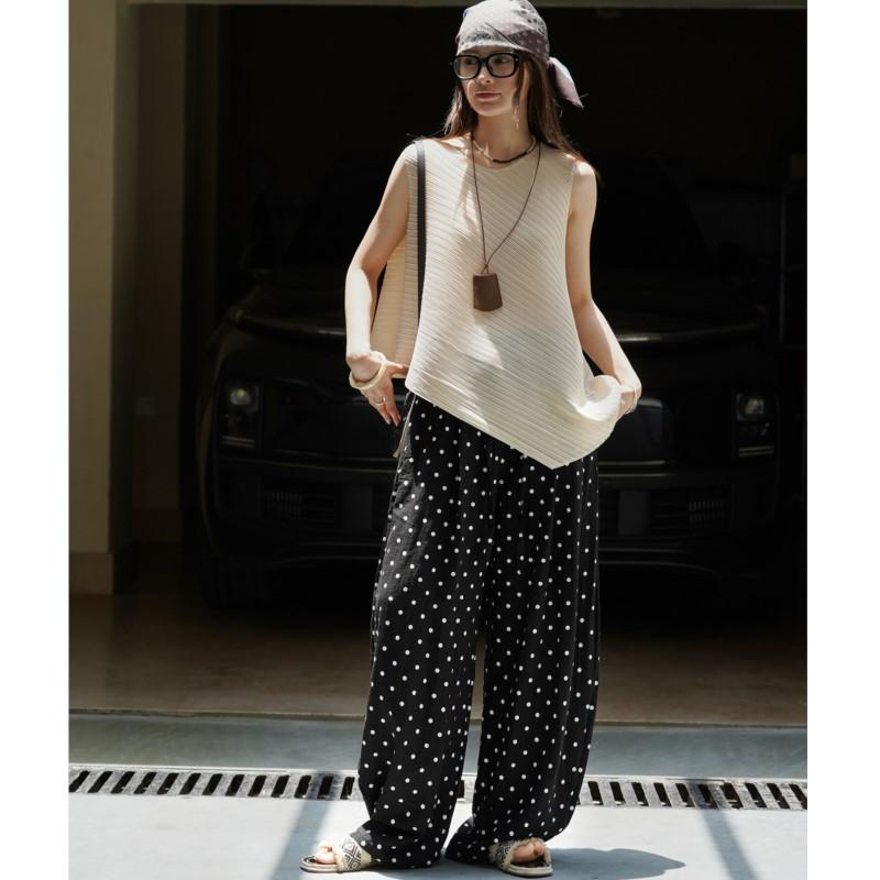 Johnature Summer Japanese Retro Polka Dot Wide-leg Casual Women Pants Casual Comfortable Loose High-waisted Trousers