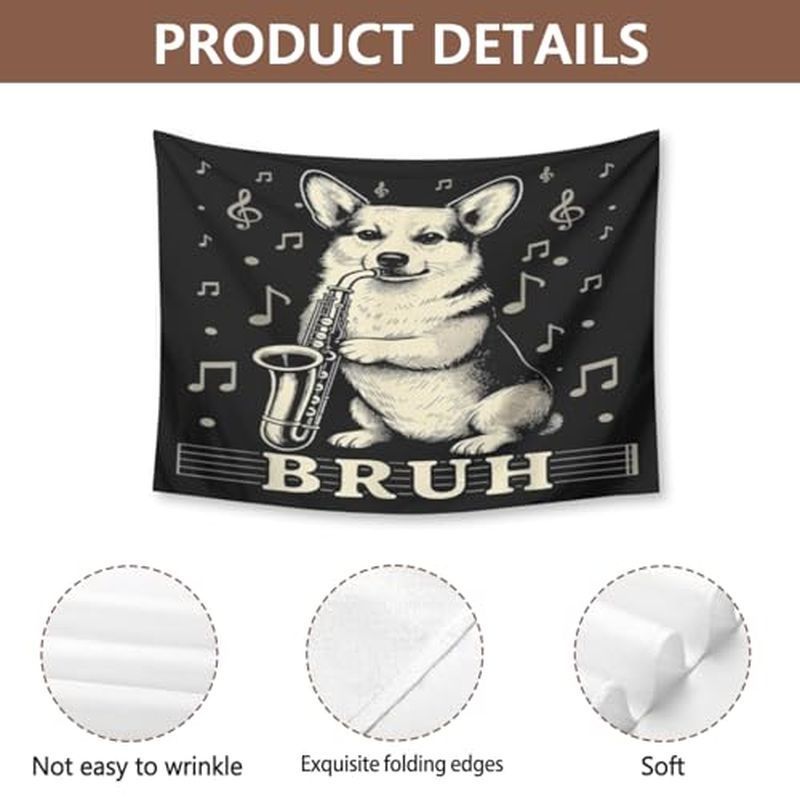 Funny Corgi Playing Saxophone Tapestry, Fashion Personality Wall Hanging, Bedroom Dormitory Aesthetic Home Decor