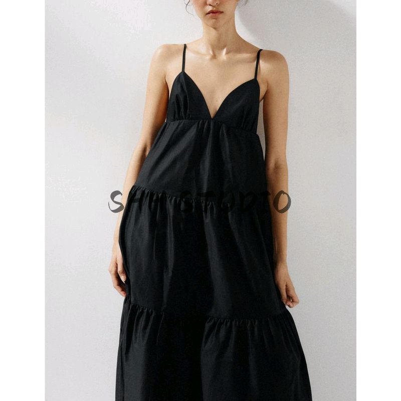 Summer New Product Women's Clothes Seaside Vacation Style Patchwork Hem V-neck Strap Midi Skirt Length Dress 4772215
