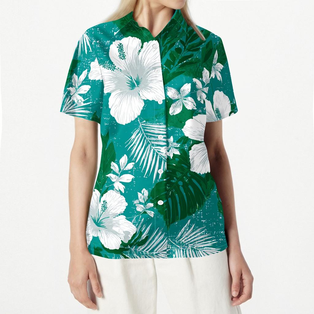 Women's Hawaiian Print Short Sleeve Button Down Shirt, Casual Summer Top