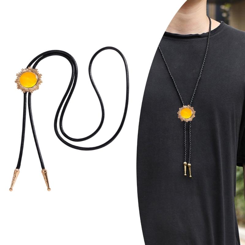 Vintage Sun Shape Gem Stone Bolo Tie Cowboy Costume Accessory for Men and Women Western Braided Cord Necktie Necklace
