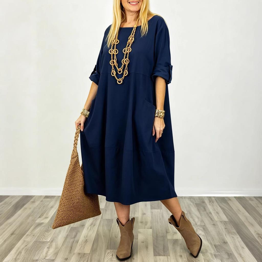 European and American cross-border plus-size women's 2026 summer new loose crew neck patchwork five-quarter sleeve solid color women's dress