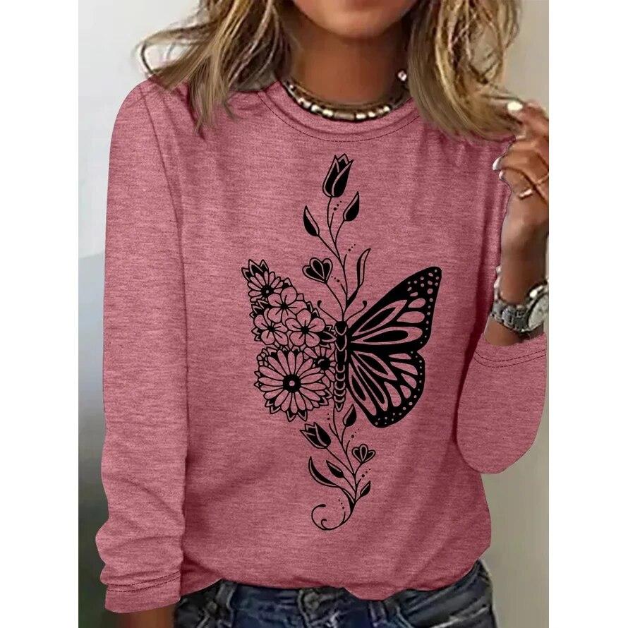 Women's 3d T-Shirt O-Neck Long Sleeve Butterfly Fashion Animal Print Large Casual Vintage Street Wear Oversized Female Clothing