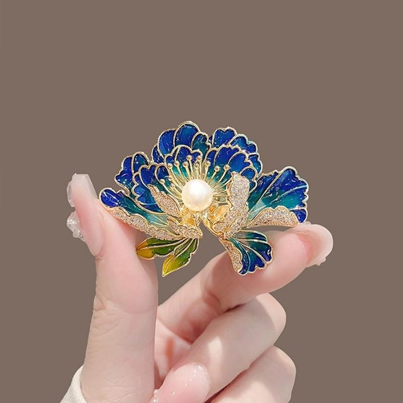 Elegant Chinese Style Enamel Peony Brooch For Women Girls Delicate Pink Blue Purple Flower Pearl Brooch Pins Party Jewelry Gifts