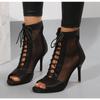 Sexy High Heels Hollow Mesh Sandals Women Summer Cross-tied Peep Toe Heeled Sandals Ankle Strap Dance Shoes Black Net Sandals