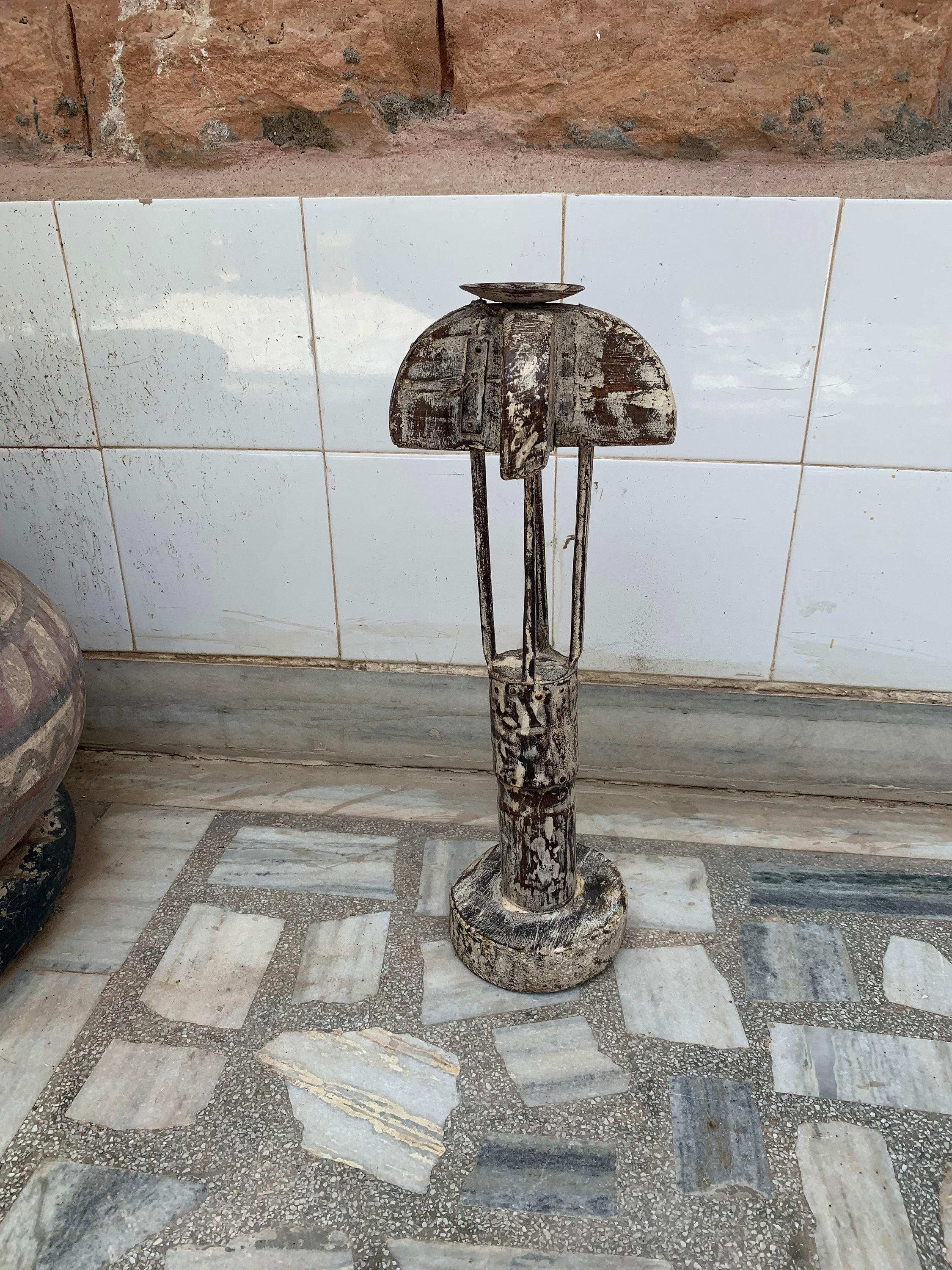 Antique Wooden Candle Holder: Hand-Polished Indian Candlestick Stand 16” X 8” X 24” (l x w x h) разноцветный