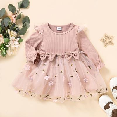 Children's Dress Patchwork Mesh Flower Bow Baby Long Sleeved Dress