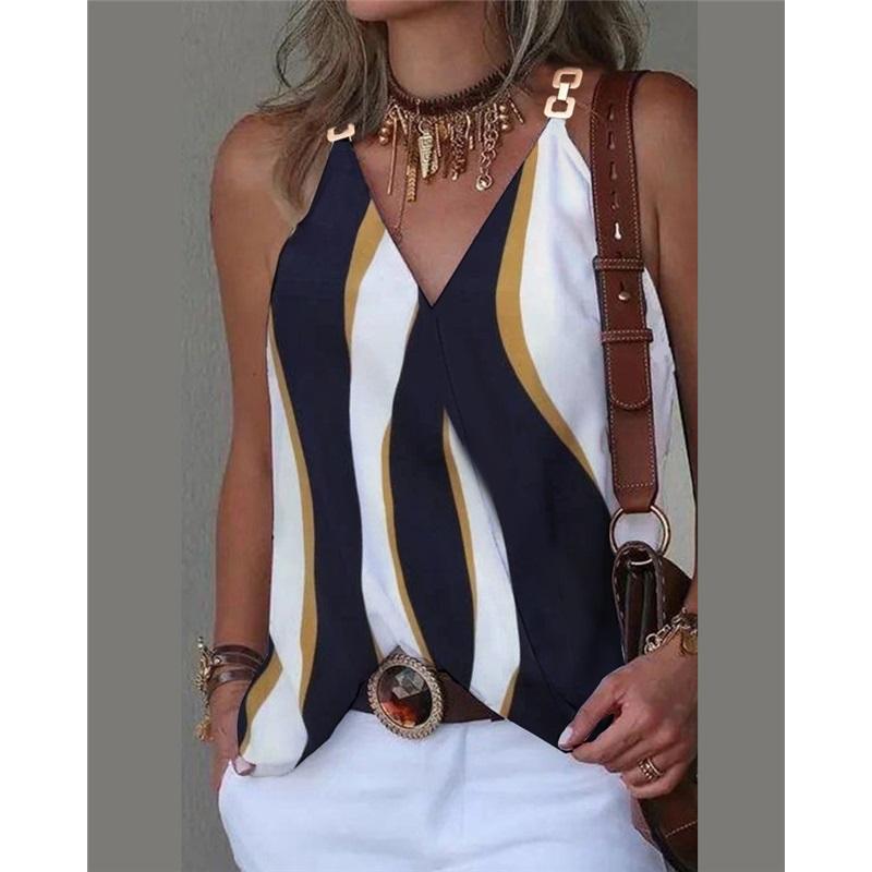 Simple V-neck Metal Buckle Printed Vest Top Women