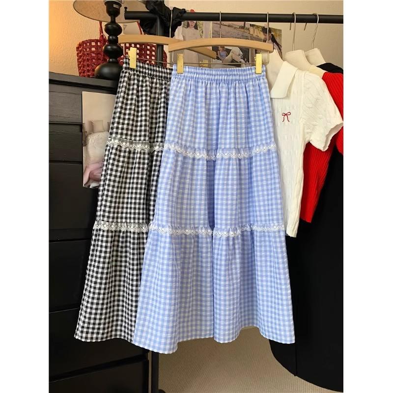 Preppy Youthful Fresh Sweet Blue Checkered Tiered Skirt for Women Spring Lace Trim A-Line Casual All-match Versatile Long Skirt