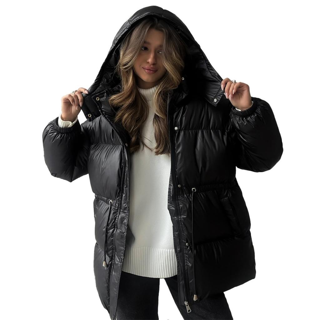 2025 Winter New Women's Drawstring Slim Fit Cotton Coat with Hood Zipper Warm Comfortable Outerwear for Europe and America