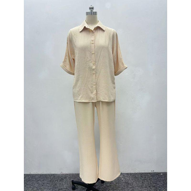 

Western Style New Fashion Casual Loose Short sleeve Shirts Wide Leg Pants Set Shirt and Pants Set Apricot color XL