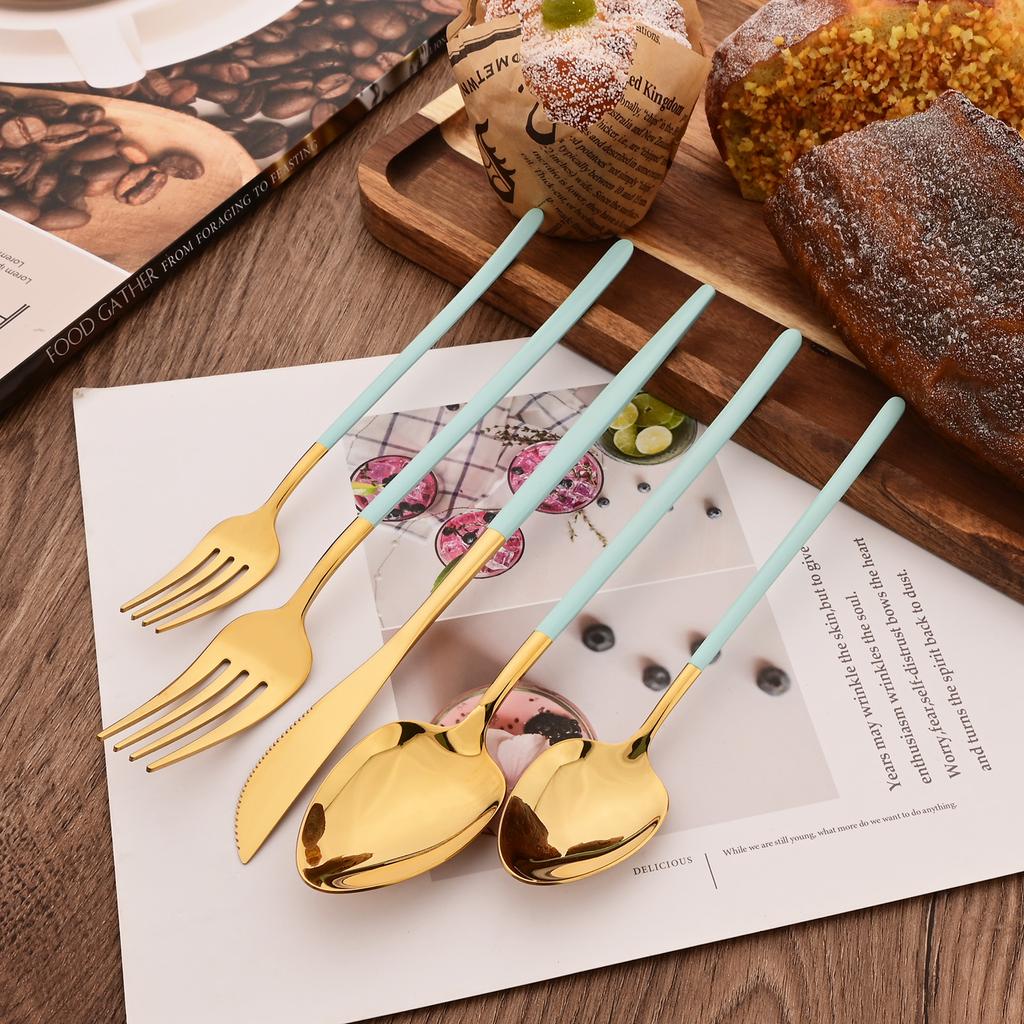 White Gold 30Pcs Dinnerware Set Knife Dessert Fork Spoon Tableware Cutlery Set 18/10 Stainless Steel Flatware Silverware Sets