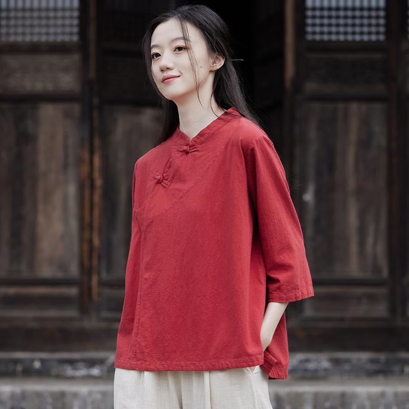 

2025 Осень Женская Новая Хлопково-Льняная Рубашка в Китайском Стиле Пэчворк Воротник-Стойка Застежка на Пуговицы-Лягушки One Size