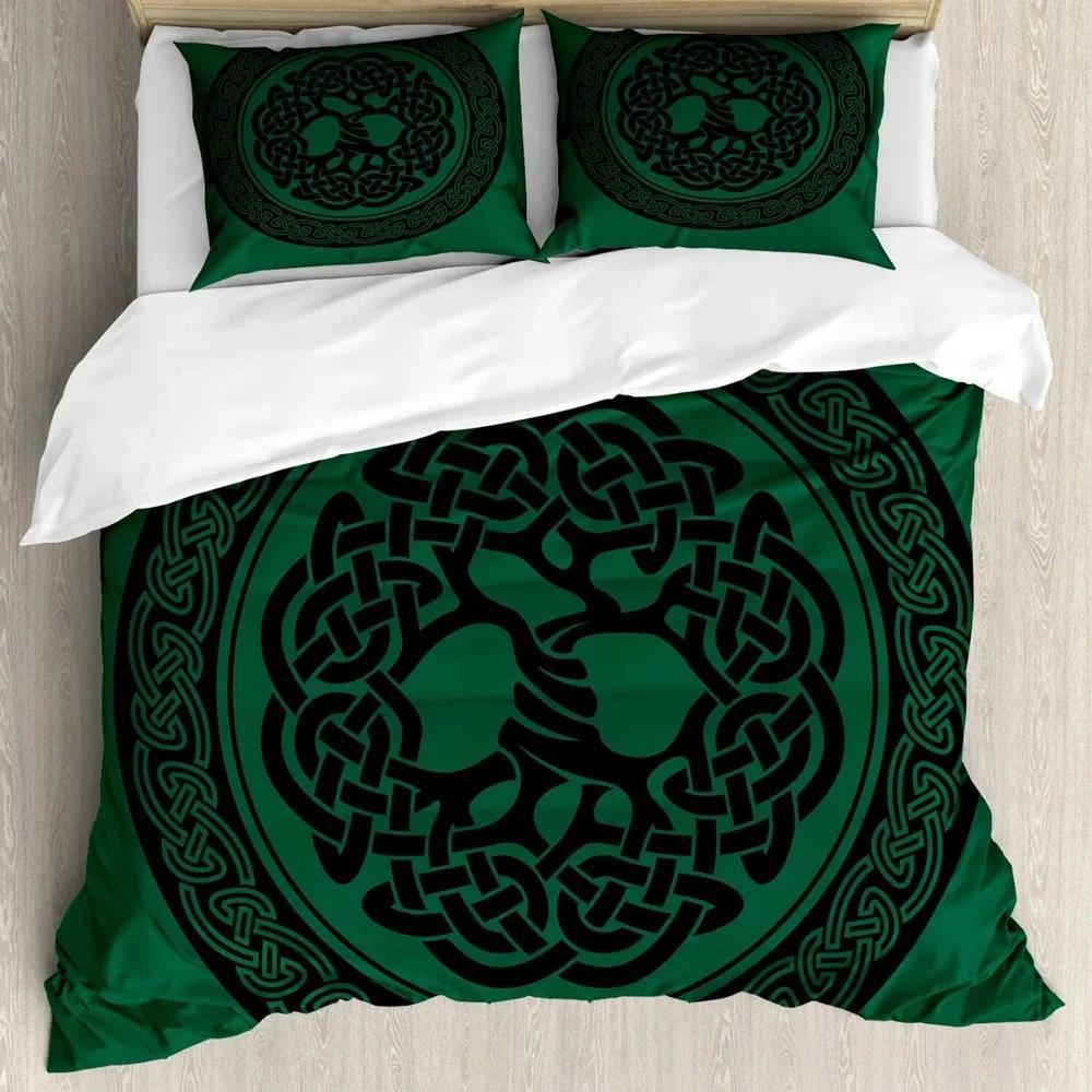 Viking Celtic Duvet Cover Set, Celtic Knot with Tridents Forest and Mountains Scandinavian Germanic Culture,Bedding Sets Decor