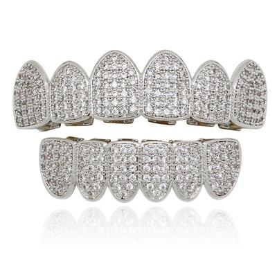 1 Pair of Silver Teeth Pads with Cubic Zirconia Glitter, for Upper and Lower Jaw