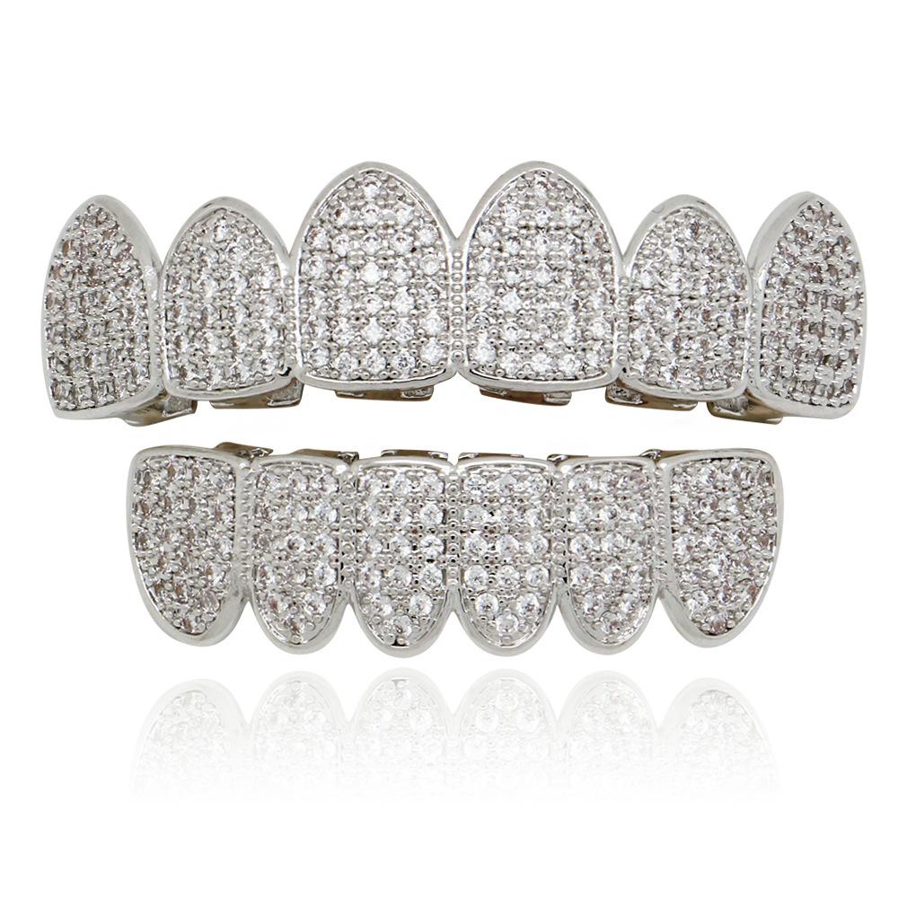 

1 pair of silver teeth pads with cubic zirconia glitter, for upper and lower jaw