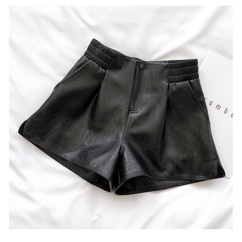 

Женские шорты А-силуэта буткат из ПУ кожи с высокой талией, эластичной талией, свободного кроя, XS, весна/осень, визуально удлиняют ноги. XXS (Recommended for 65-77 jin) чёрный