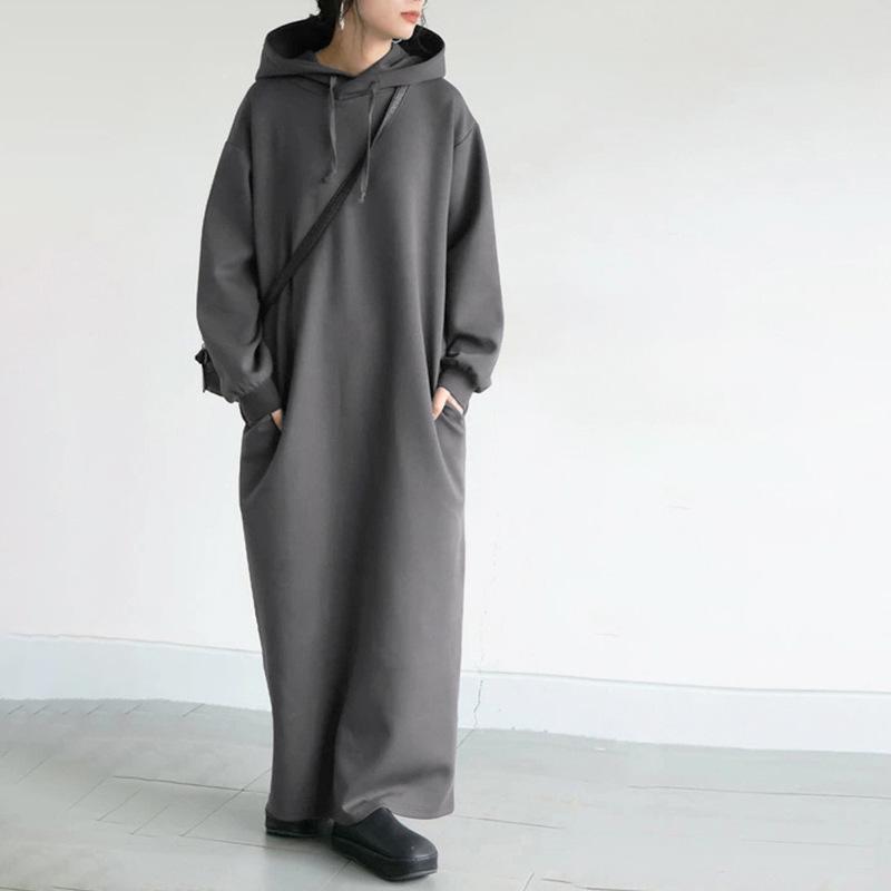 

Women Winter Loose Plus Size Long Sleeve Hooded Slit Sweatshirt Dress Comfortable Warm High Recognition Slimming Flattering Fit Casual Style L темно-сірий