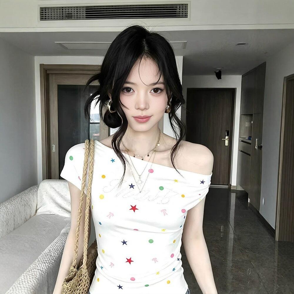 [Grazhi refined cotton] American Spice Girl style full print slanted shoulder short-sleeved T-shirt women's summer slim-fitting chic top