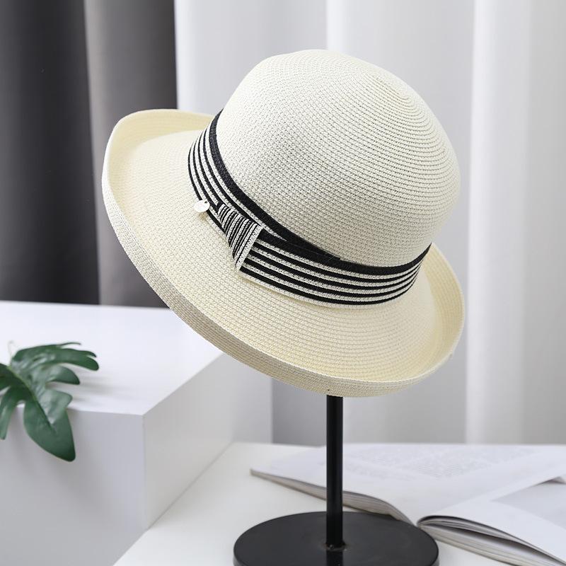 Sun Hat Women's Summer Crimped Straw Hat British Retro Black Sunscreen Hat Travel Foldable Sun Hat Tide