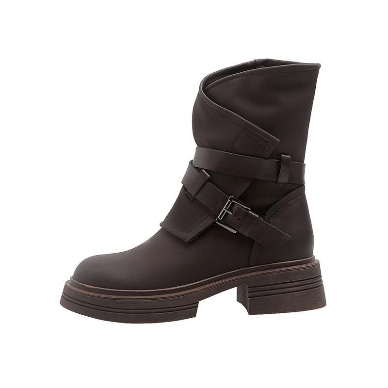 New spot short boots women's 2025 autumn and winter new inner height increase Martin boots women's boots retro belt buckle thick heel western