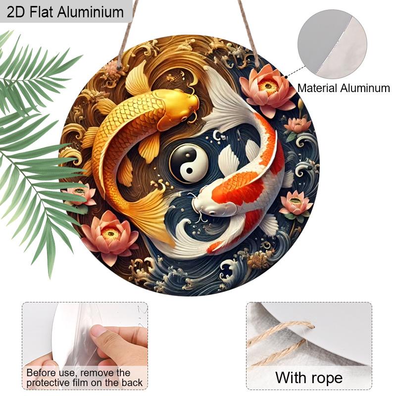 2D Flat Aluminum Koi Fish Yin Yang Round Metal Sign, Man Cave Wall Art Sign for Front Door, Easter Decor, Zen Garden Accessories & Meditation Room