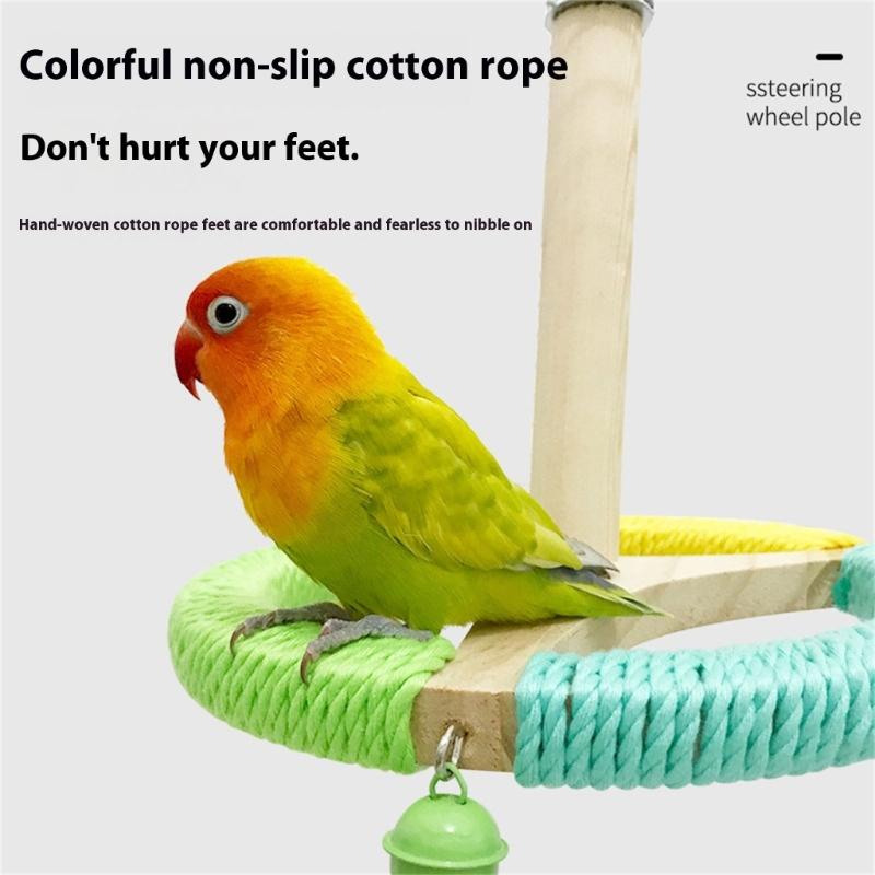 Wood Rotating Bird Perch Stand Toy For Parrots Budgies Cockatiels with Nonslip Exercise Wheel And Colorful Bells Decors