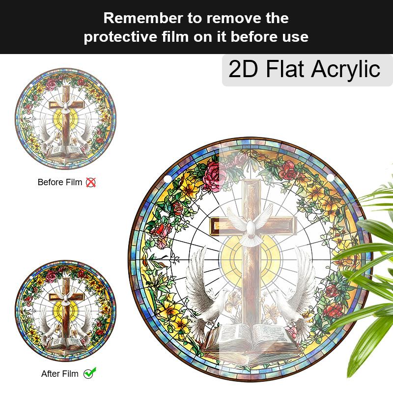 Acrylic Christian Cross with Doves and Bible Suncatcher, Stained Glass Effect Window Hanging Ornament for Religious Faith Gifts