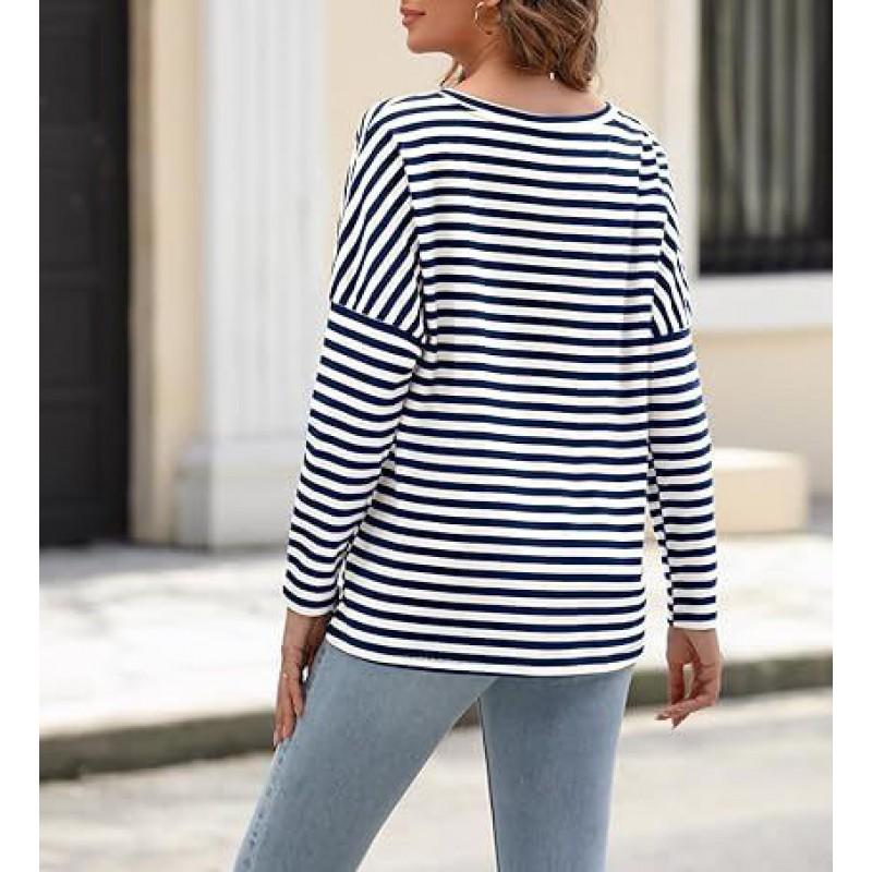 Womens Long Sleeve Crew Neck Striped Casual T-Shirt Loose Fit Cotton Blend Fall 2026