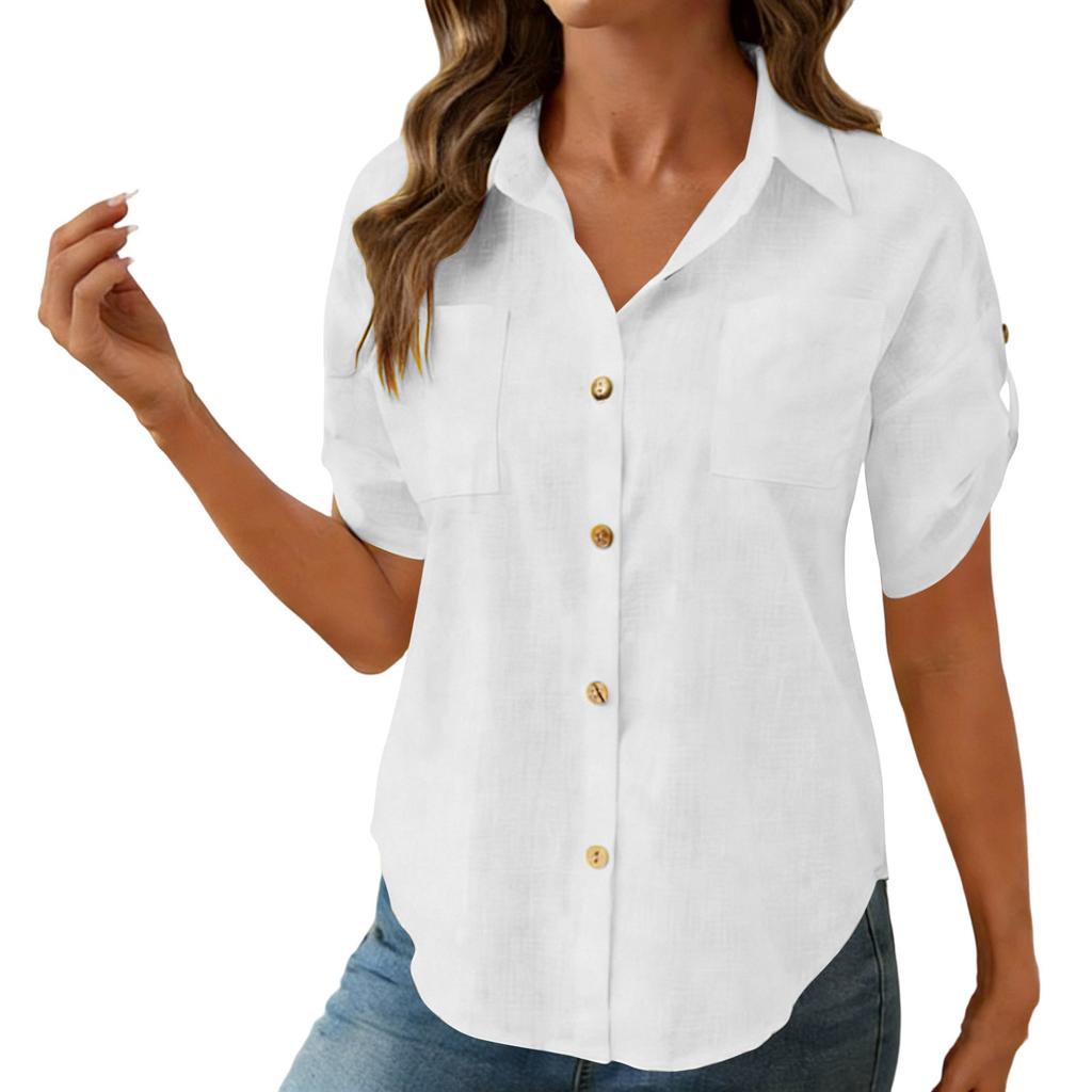 Women's Fashion Casual -Colour Short-Sleeved Buttoned Pocket Cardigan T-Shirt Top