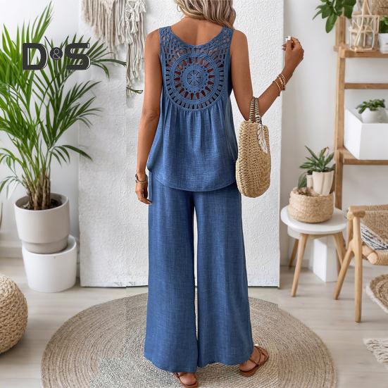 Zweiteiliges Lounge-Set für Damen, ärmellos, mit hohlem Rücken, Oberteil und weitem Bein, Hosen-Set, lässige Urlaubs- und Reise-Outfits