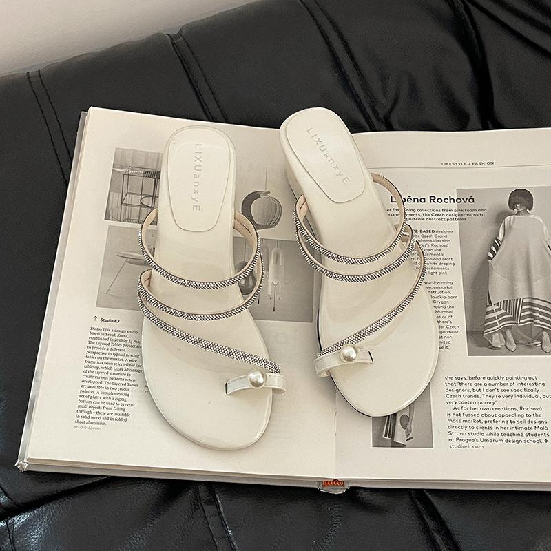 French wedge heel silver toe slippers summer pearl outer wear temperament beautiful rhinestone women's pinch sandals sandals