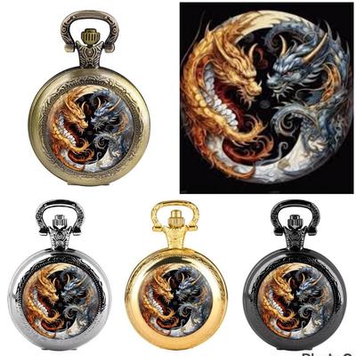 Vintage retro drak zlato-černá čínská jin jang quartz unisex muži ženy kapesní hodinky quartz náhrdelník s přívěskem hodiny řetízek klasický ciferník šperky dárek