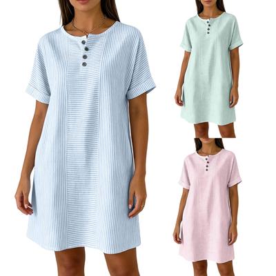 Lockeres Kurzarmkleid mit Streifenmuster Rundhalsausschnitt Knopfleiste Lässiges Sommerkleid für Damen