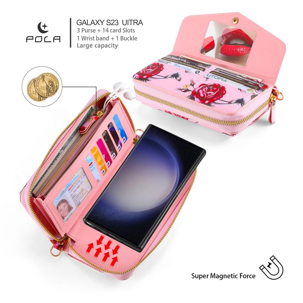 Crossbody Flower Wallet Leather Case For Samsung Galaxy S25 S24 Ultra S23 S22 Note 20 Detachable Wristband Cards Phone Cover
