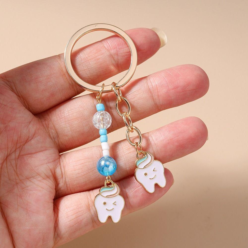 Pearl Accent Enamel Tooth Keychain Kawaii Design Key Ring Pendant Handbag Accessories