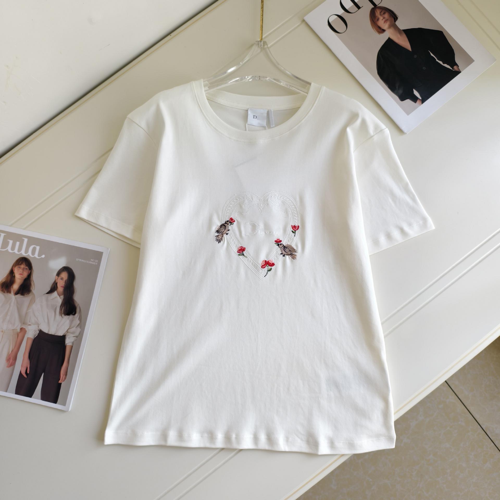 High-Quality Letter Heart Flower Embroidered Round Neck Casual Short Sleeve Top Large белый