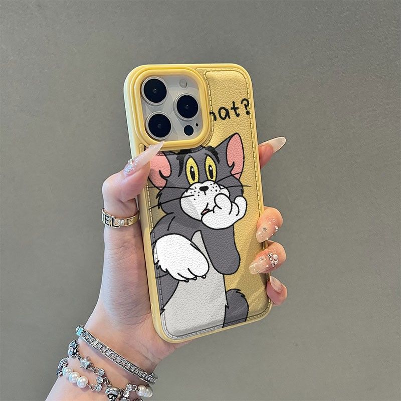 Cute Tom applies to Apple 17 mobile phone case iphone16pro15/14 anti-drop 13 all-inclusive 12 leather pattern large holes