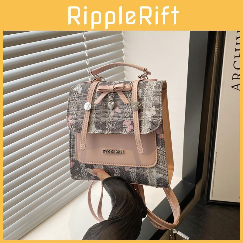 Sweet Print Splicing Design Bow And Lace Decoration Women Casual Shoulder Bag For Work And Casual Outings