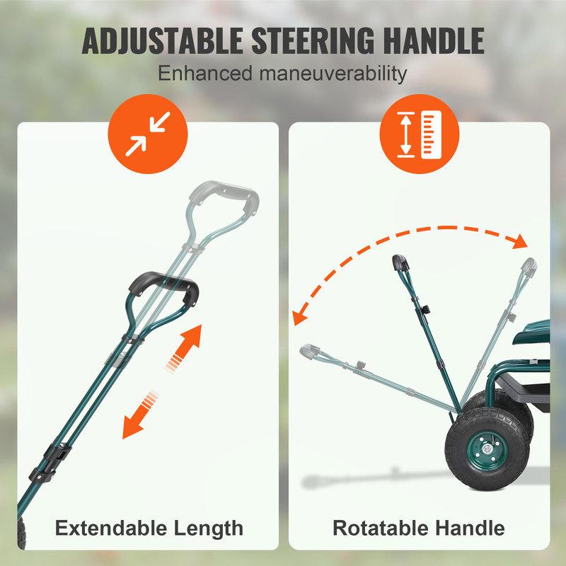SucceBuy Garden Cart Rolling Workseat with Wheels Gardening Stool for Planting 360Degree Swivel Seat Wagon Scooter with Steering