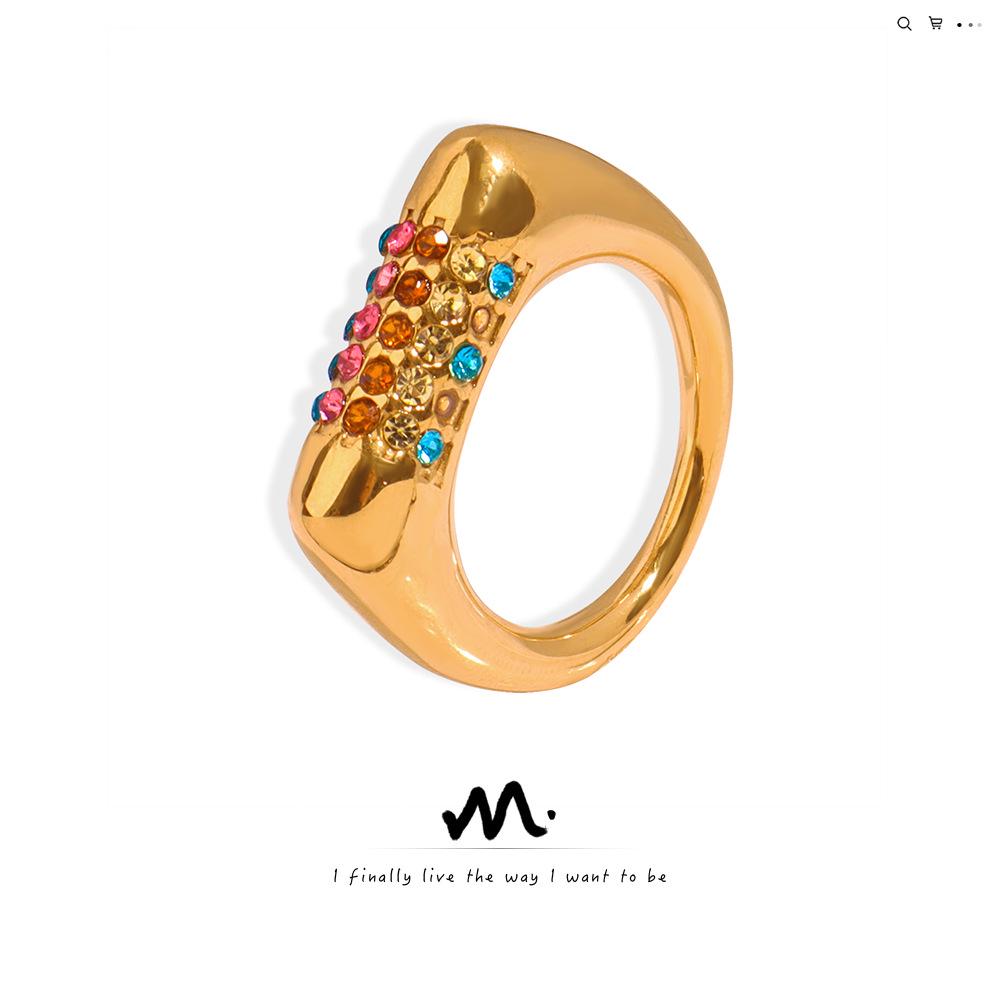 

European-American Fashion Titanium Steel Gold-Plated Geometric Ring with Colored Diamonds - Stylish Women s Jewelry Size 6