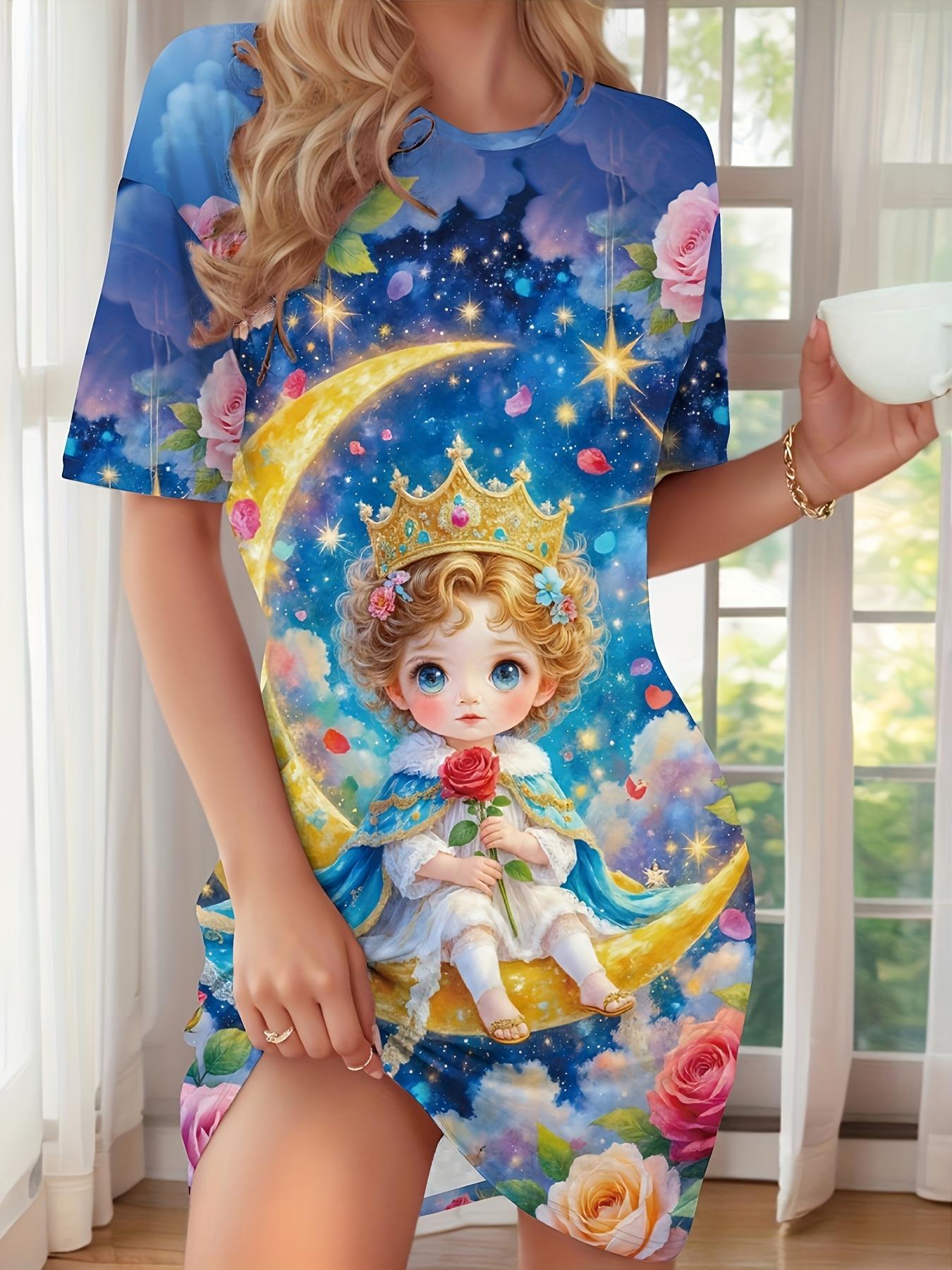 

New European and American Style Women s Casual Printed Short-Sleeve Nightgown Featuring a Prince Holding a Rose Sitting on a Golden Moon. Four-Season M дубильная кора