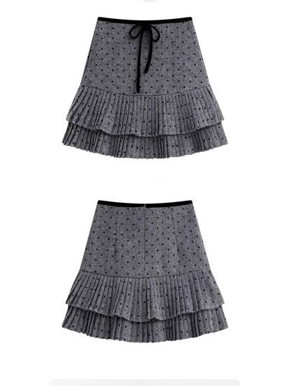 Women's Plus Size Grey Polka Dot Knit Wool A-Line Pleated Short Skirt with High Waist
