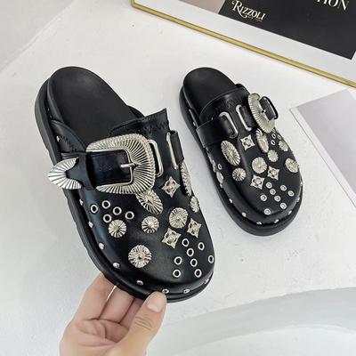 Baotou Half Tuo Damen Britische Retro-Sandalen mit dicker Sohle und Nieten, eine Linie, flache Sohle, Muller-Schuhe, lässige Sandalen mit flacher Sohle